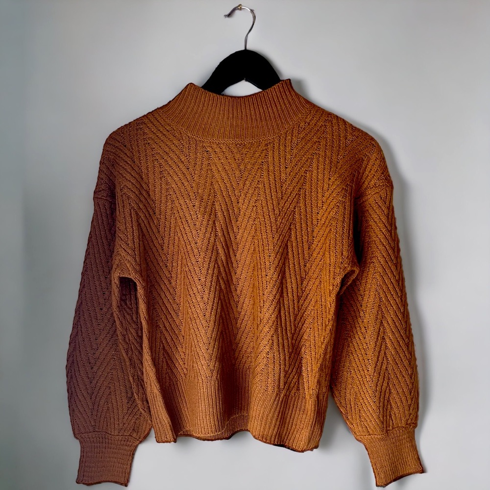 Chestnut Mock Neck Lantern Sleeve Knit Sweater
